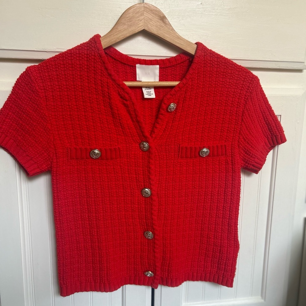 H&M Red Ribbed Short-Sleeve Cardigan with Gold buttons
